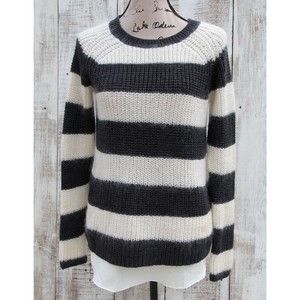 ANN TAYLOR Chunky Knit Women Size SMALL Wool Sweater White Dark Gray Striped